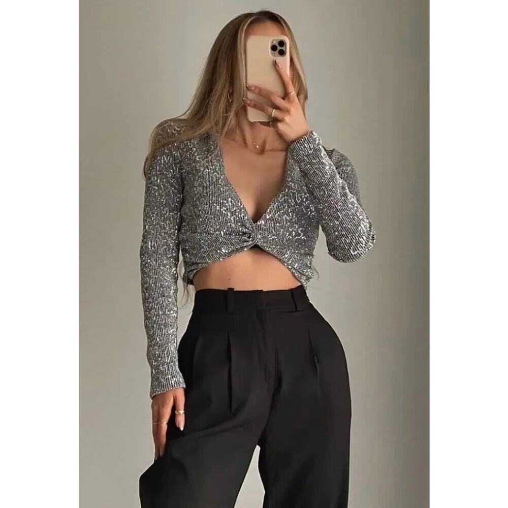 ZARA Silver Sequin Twist Front Crop Top M Long Sleeve Holiday Party Glam